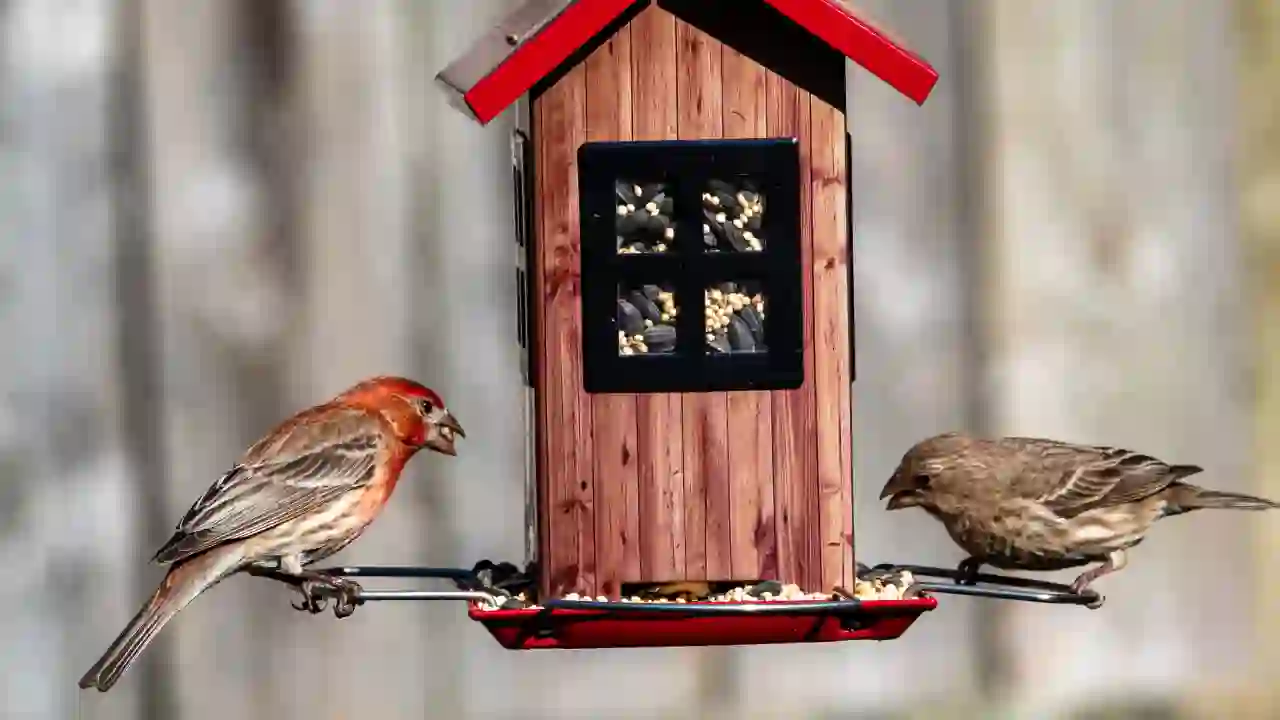 finches eating from bird feeder